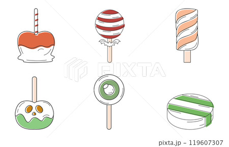 Halloween candy icons collection with spooky sweets Vector 119607307