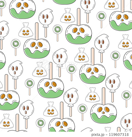 Caramel apple and ghost popsicle Halloween candy pattern Vector 119607318