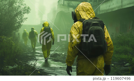 汚染された大地を歩く防具服を着た作業員 119607496