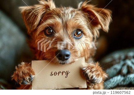a ginger dog holding a note with the inscription Sorry in his paws 119607562