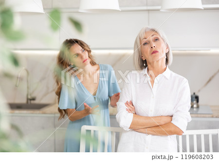 Offended senior woman listening her daughter swearing Offended senior woman listening her daughter swearing 119608203