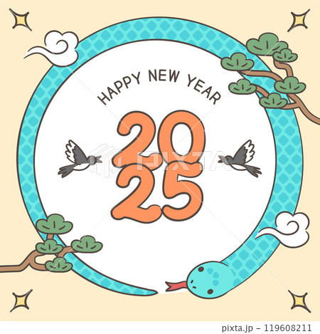 2025 New Year greeting card with a blue snake illustration 119608211