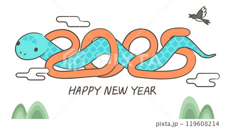 2025 New Year greeting card with a blue snake illustration 2025 New Year greeting card with a blue snake illustration 119608214