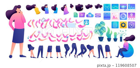 Constructor for creating a Young Girl N1. Create your own character with a Set of hands and feet. Flat 2D characters 119608507