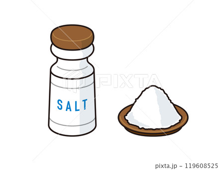 瓶入りの塩と皿に盛られた塩 119608525