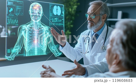 Doctor visualize and analysis disease with patient with AI technology at the hospital 119608683