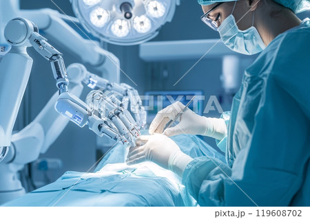 Ai robotic helping doctor in surgery 119608702