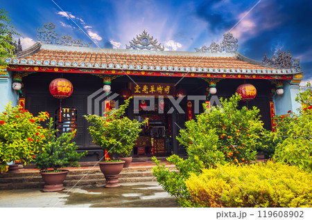 Beautiful Asian Buddhist temple on Vietnamese pagoda in old town in Hoi An in Vietnam in Asia in summer Beautiful Asian Buddhist temple on Vietnamese pagoda in old town in Hoi An in Vietnam in Asia in summer 119608902