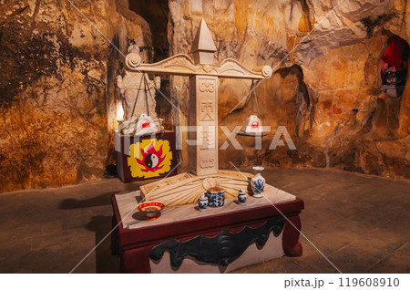 interior of Vietnamese sacred Buddhist temple inside Am Phu Cave in the Marble Mountains in Da Nang in Vietnam in Asia 119608910