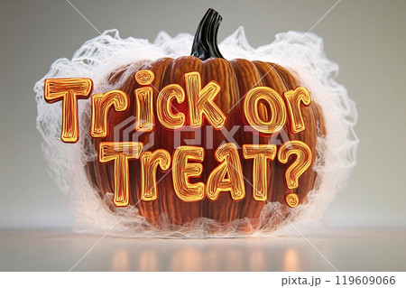 Halloween ghost and pumpkin text Trick or Treat ? 3D flat illustration typography Halloween ghost and pumpkin text Trick or Treat ? 3D flat illustration typography 119609066