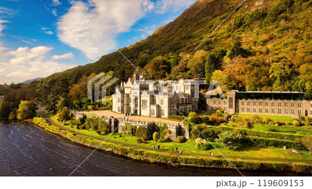 Kylemore Abbey in the Connemara National Park in Ireland - A Breathtaking Scenic View of an 119609153