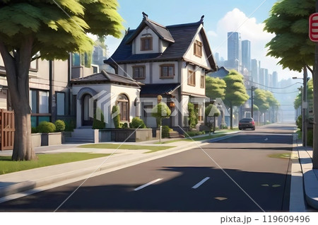 ゲーム背景　現代日常生活のストリートビュー住宅街の風景 119609496