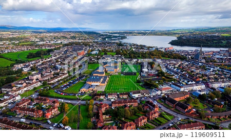 City of Derry aka Londonderry in Northern Ireland aerial view - A Dramatic Cityscape by the River City of Derry aka Londonderry in Northern Ireland aerial view - A Dramatic Cityscape by the River 119609511