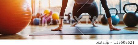 Strength training by exercise with equipment and machine. Cardiovascular health concept Strength training by exercise with equipment and machine. Cardiovascular health concept 119609621
