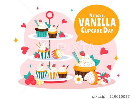 National Vanilla Cupcake Day Vector Illustration on November 10 featuring Cupcakes Topped with Sprinkle, Strawberry and Vanilla Cream in a Background National Vanilla Cupcake Day Vector Illustration on November 10 featuring Cupcakes Topped with Sprinkle, Strawberry and Vanilla Cream in a Background 119610037
