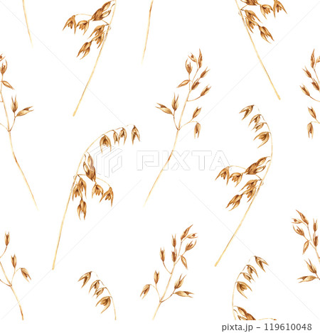 Watercolor seamless pattern with oat plants, edible starchy grains, domesticated cereal grass. Hand drawn illustration isolated on white background for wrapping wallpaper fabric textile 119610048