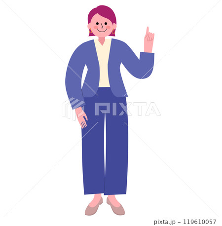 パンツスーツを着てパンプスを履いた女性が人差し指を立てている全身のイラスト 119610057