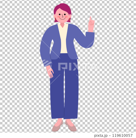 パンツスーツを着てパンプスを履いた女性が人差し指を立てている全身のイラスト 119610057