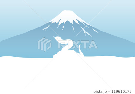 巳年の年賀状テンプレート　コピースペース　雪景色の富士山と蛇 119610173