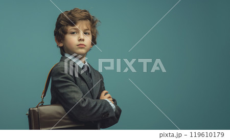 凛々しい表情でポーズをとるスーツ姿の少年 119610179