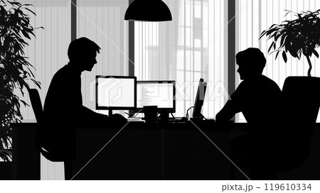 オフィスで仕事をする会社員のシルエットイラスト素材 119610334