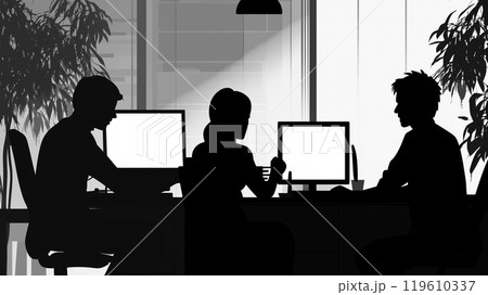 チームで仕事をするシルエットイラスト素材 オフィスワーク 男女 チームで仕事をするシルエットイラスト素材 オフィスワーク 男女 119610337