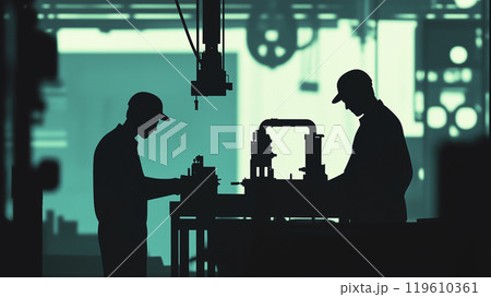 工場で黙々と作業する男性職員のシルエット風景イラスト素材 119610361