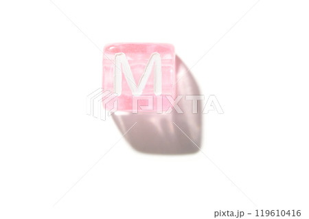 Pink transparent cube with white letter m isolated on clean white background 119610416