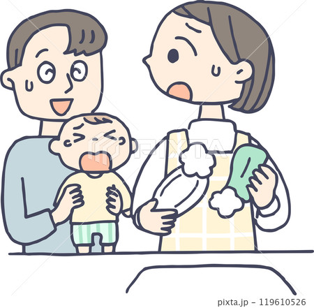 育児の手伝いをしてくれないお父さんと家事中のお母さん 119610526