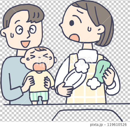 育児の手伝いをしてくれないお父さんと家事中のお母さん 119610526