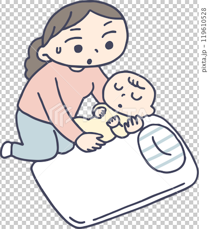 眠った赤ちゃんをゆっくり布団に寝かせるお母さん 119610528