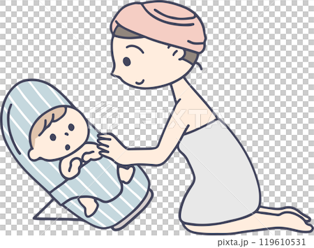赤ちゃんをお風呂に入れる準備をするお母さん 119610531