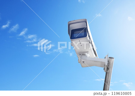 ip cctv camera installed on high pole to do the security by monitoring through mobile phone and computer to save human life and property, soft and selecitve focus. 119610805