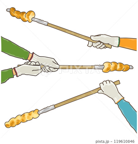 こんがり焼けた棒パンを持つ、軍手をつけた手 イラストセット こんがり焼けた棒パンを持つ、軍手をつけた手 イラストセット 119610846