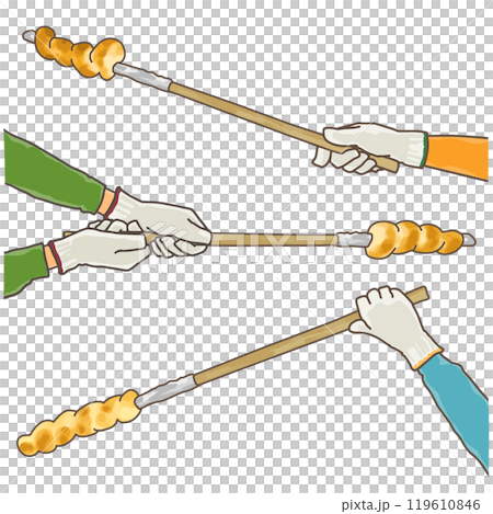 こんがり焼けた棒パンを持つ、軍手をつけた手 イラストセット こんがり焼けた棒パンを持つ、軍手をつけた手 イラストセット 119610846