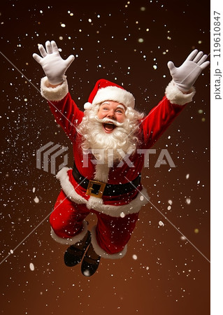 Joyful Santa Claus leaping in excitement with snowflakes against a warm background Joyful Santa Claus leaping in excitement with snowflakes against a warm background 119610847