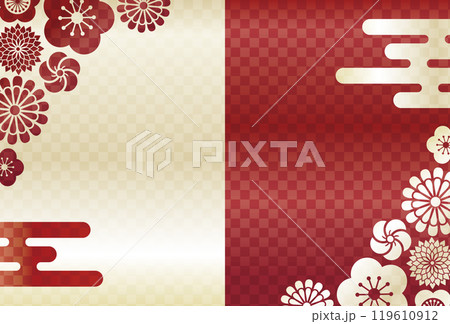 お正月や年賀状、冬のテーマにピッタリな花と霞(雲)の和風背景フレーム枠_赤と金 119610912