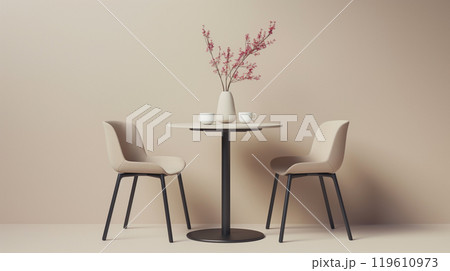 ピンクの差し色のお花とテーブル席のナチュラルな背景素材 119610973