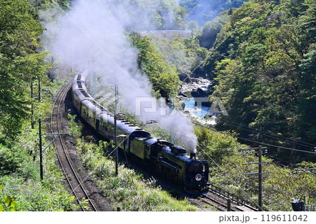 SLぐんまみなかみ号　旧形式客車を牽引し、名勝諏訪峡脇を快走 119611042