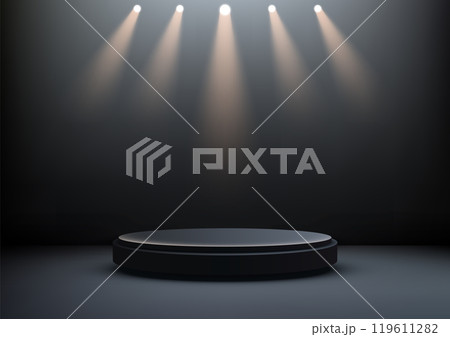Black Circular Podium with Spotlights for Product Display and Award Ceremonies, 3D Mockup Showcase in Dark Elegant Setting Black Circular Podium with Spotlights for Product Display and Award Ceremonies, 3D Mockup Showcase in Dark Elegant Setting 119611282