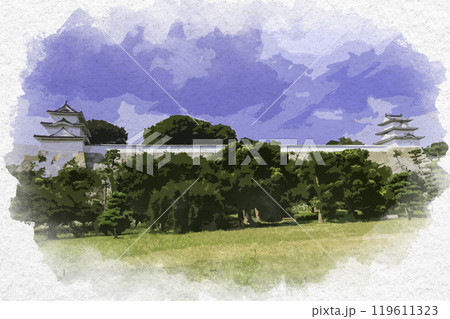 水彩画風　明石城　巽櫓と坤櫓　兵庫県明石市 119611323