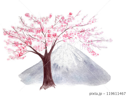 Pink sakura tree and a mountain watercolor composition isolated on white. Hand painted high quality nature design element great for cards, park posters, invitations, beauty salons, Japan tourist ads 119611467