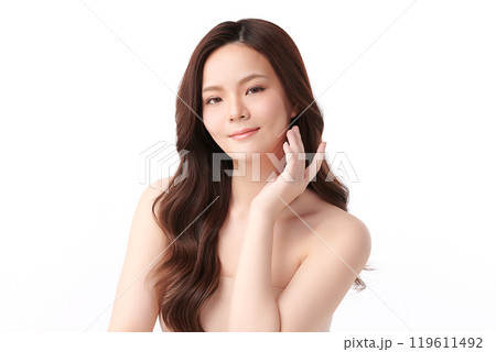 Beautiful young asian woman with clean fresh skin on white background, Face care, Facial treatment, Cosmetology, beauty and spa, Asian women portrait. Beautiful young asian woman with clean fresh skin on white background, Face care, Facial treatment, Cosmetology, beauty and spa, Asian women portrait. 119611492