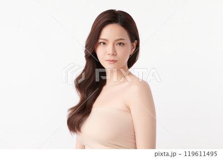 Beautiful young asian woman with clean fresh skin on white background, Face care, Facial treatment, Cosmetology, beauty and spa, Asian women portrait. 119611495