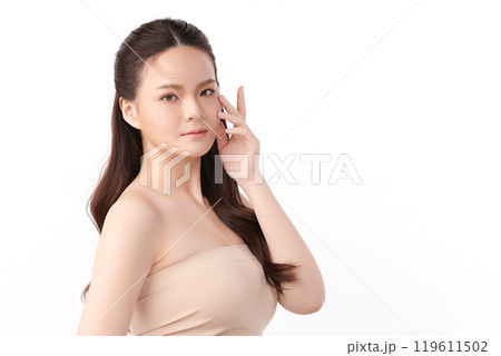 Beautiful young asian woman with clean fresh skin on white background, Face care, Facial treatment, Cosmetology, beauty and spa, Asian women portrait. 119611502