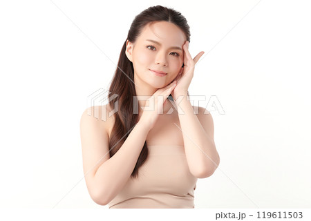 Beautiful young asian woman with clean fresh skin on white background, Face care, Facial treatment, Cosmetology, beauty and spa, Asian women portrait. 119611503