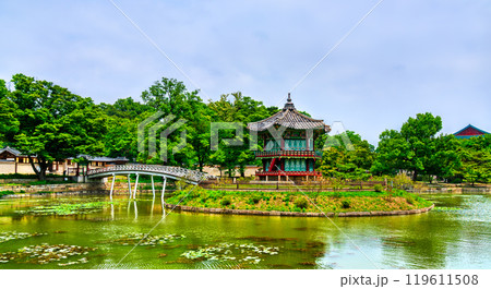 Hyangwonjeong Pavilion with Chwihyanggyo Bridge at Gyeongbokgung Palace in Seoul, South Korea 119611508