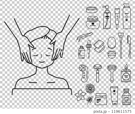 Facial massage and beauty item illustration set line drawing Facial massage and beauty item illustration set line drawing 119611575