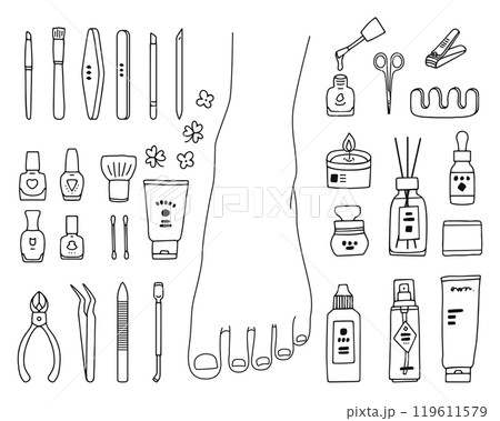 フットケアと美容アイテムのイラストセット　線画 119611579