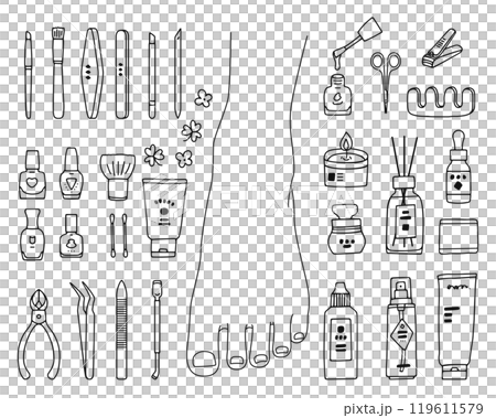 フットケアと美容アイテムのイラストセット　線画 119611579